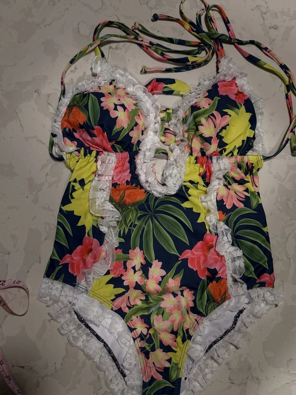 Lace-Trim Floral Halter One-Piece Sexy Swimsuit